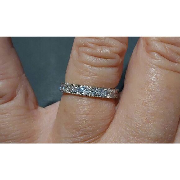 One Carat Pave Sim Diamond Bead Edge Eternity Band Ring Sz 8~.925 SS - Picture 4 of 4